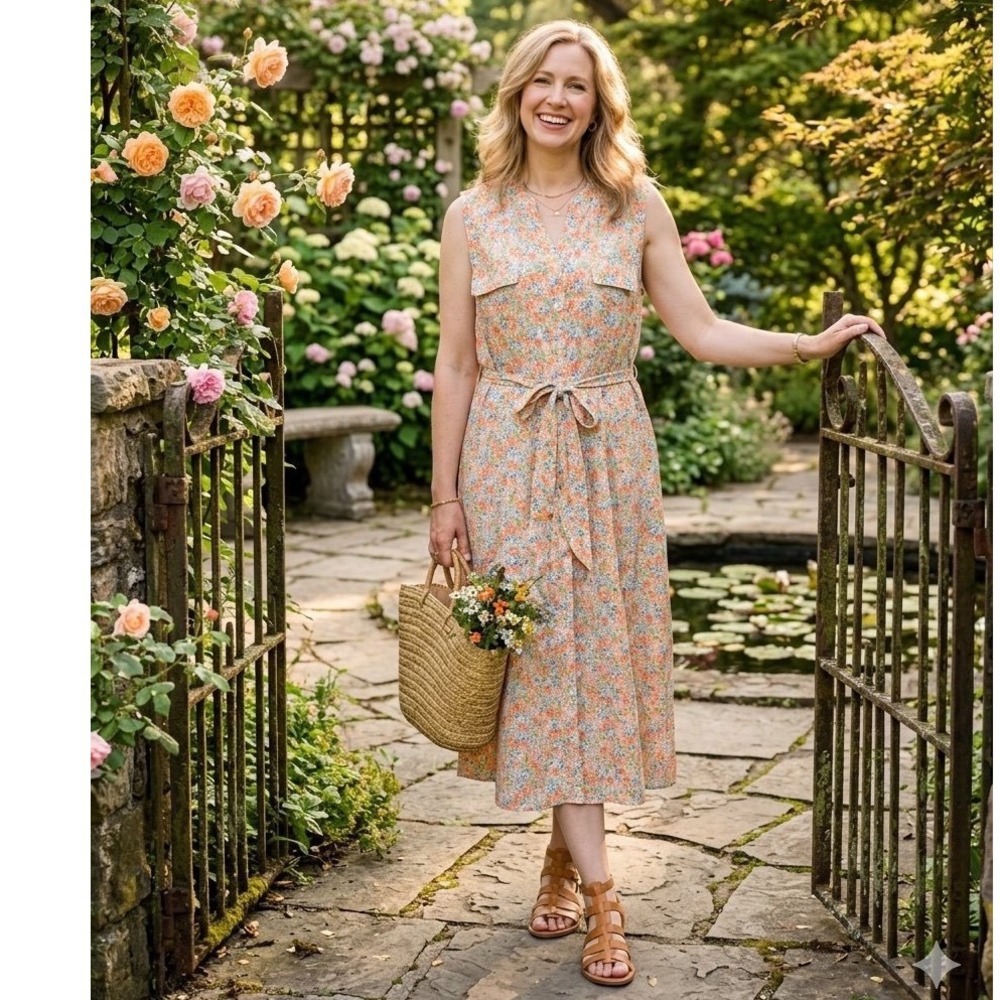 Croft & Barrow Womens XXL Floral Button Front Midi Dress Sleeveless Belted